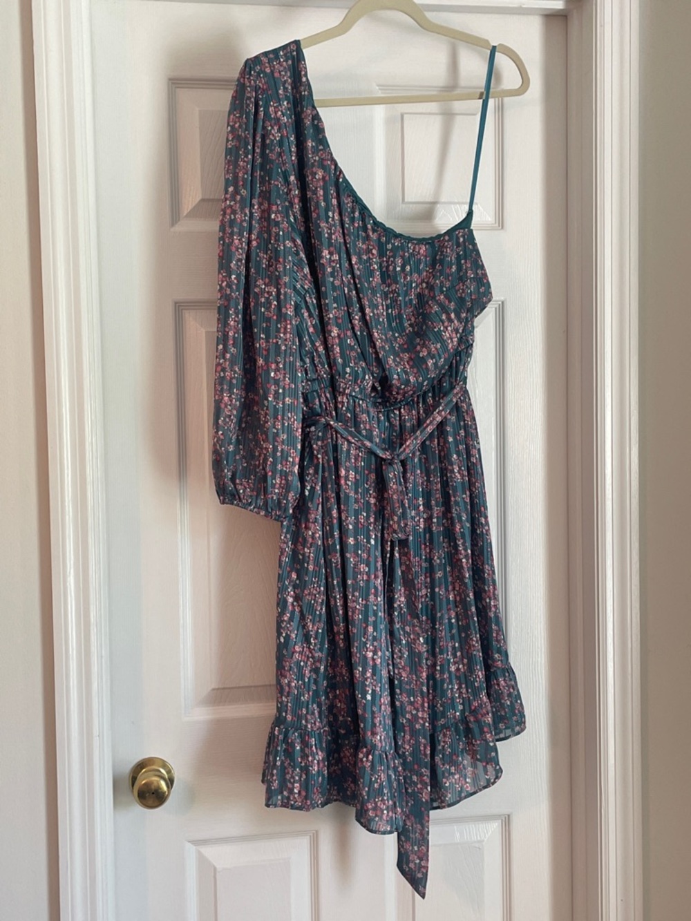Lane Bryant Teal Floral One-Shoulder Dress with Belted Waist